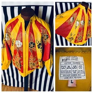 Wow 🤩 Incredible 80s Batwing Floral Embroidered Sun Rays Design Leather Jacket
